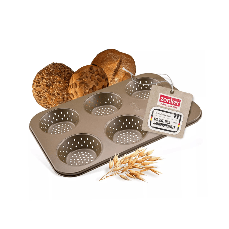https://www.lcvdesignsndecor.co.za/shop/kitchen-dining/baking-essentials/bakeware/bread-loaf-tins/zenker-perforated-bun-tray/ Zenker Perforated Bun Tray 6 Cups - Mojave Gold Lifestyle 1