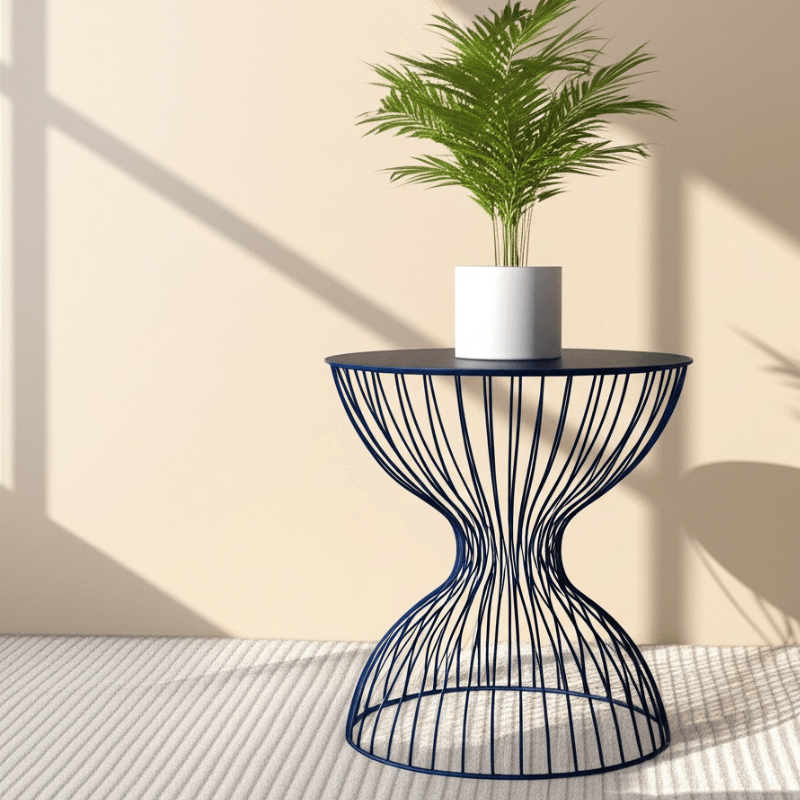 https://www.lcvdesignsndecor.co.za/shop/furniture/living-room/side-tables/hourglass-side-table-blue-metallic-f-grain/ Hourglass Side Table Blue Metallic F-Grain Lifestyle