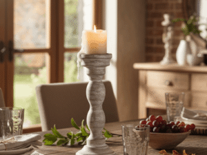 Savuti Mango Wood Candle Stand 30cm Lifestyle with Lit Candle