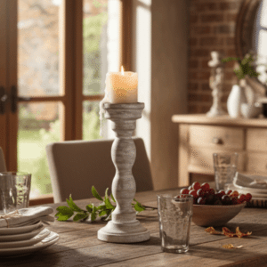 Savuti Mango Wood Candle Stand 30cm Lifestyle with Lit Candle