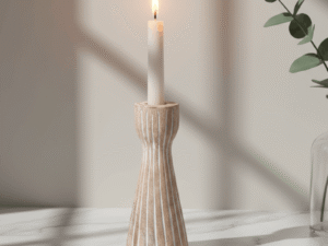 Serengeti Mango Wood Candle Holder 18cm Lifestyle with Lit Candle
