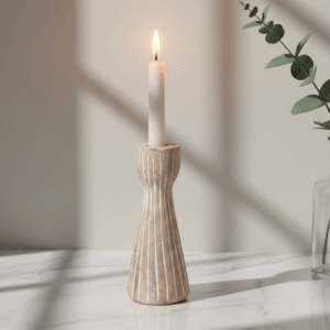 Serengeti Mango Wood Candle Holder 18cm Lifestyle with Lit Candle