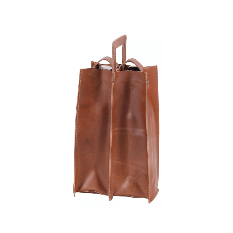 https://www.lcvdesignsndecor.co.za/shop/seasonal-celebrations/gifts/leather-accessories/double-wine-bottle-holder-tan/ Double Wine Bottle Holder Tan Side View