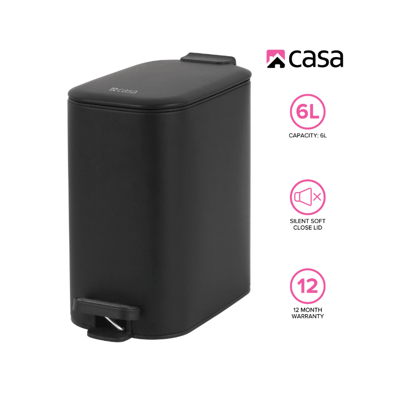 https://www.lcvdesignsndecor.co.za/shop/home-essentials/homekeeping/rubbish-bins/portofino-6l-pedal-bin-black/ Portofino 6L Pedal Bin Black - Slimline Features 1
