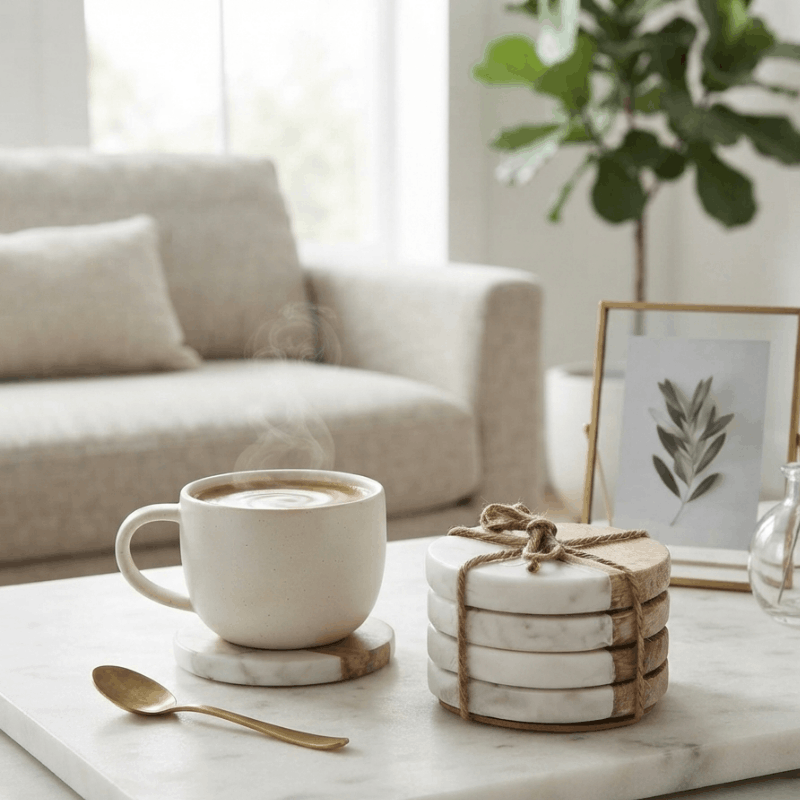 https://www.lcvdesignsndecor.co.za/shop/kitchen-dining/table-linen-accessories/coasters/white-marble-mango-wood-round-coasters-4pc/ White Marble & Mango Wood Round Coasters 4PC - Lifestyle