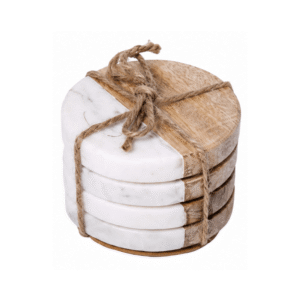 White Marble & Mango Wood Round Coasters 4PC