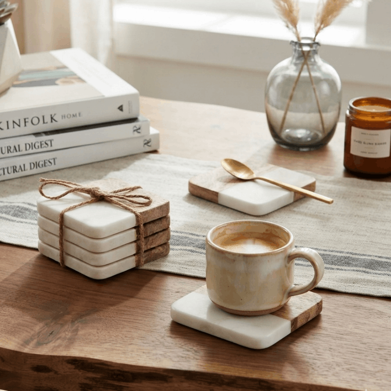 https://www.lcvdesignsndecor.co.za/shop/kitchen-dining/table-linen-accessories/coasters/white-marble-mango-wood-square-coasters-4pc/ White Marble & Mango Wood Square Coasters 4PC - Lifestyle